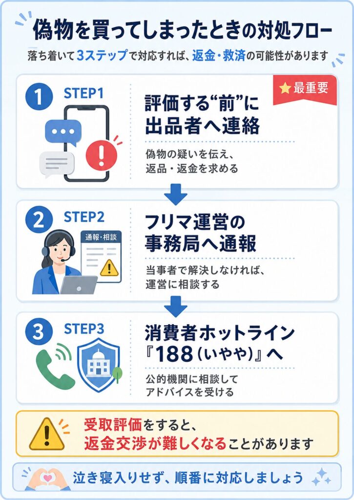 フリマで偽物のバクネを買ってしまった場合の3ステップ対処フロー