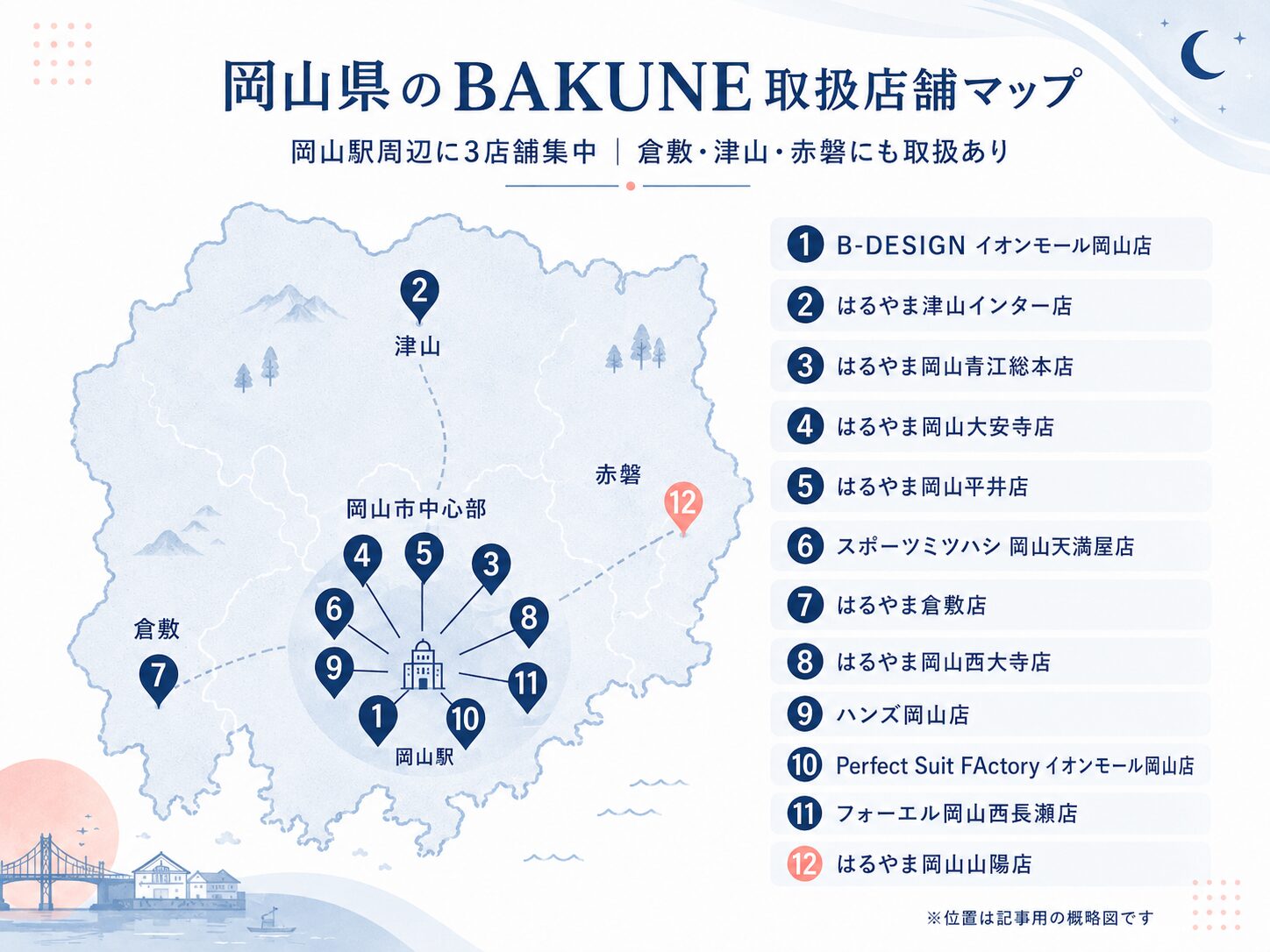 岡山県の地図に全取扱店舗をピン留め